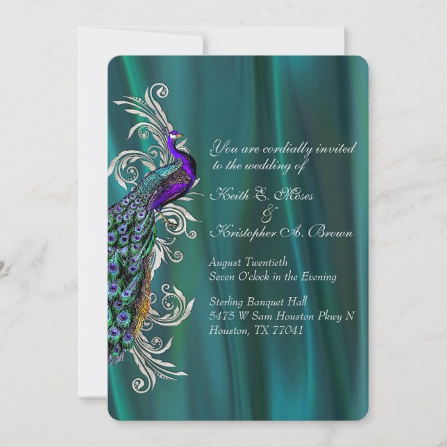 Elegant Teal Satin and Peacock Wedding Invitation (Front)