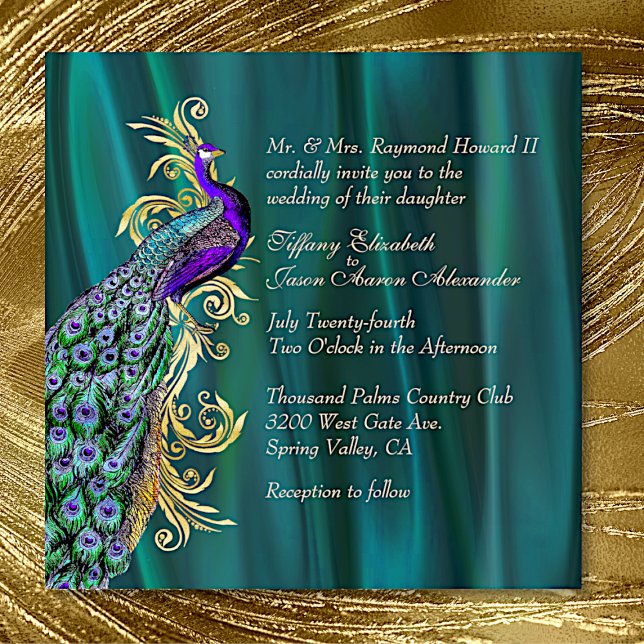 Elegant Teal Satin and Peacock Wedding Invitation (Creator Uploaded)
