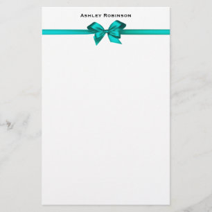 Elegant Teal Satin Bow on White Stationery