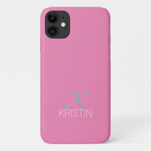 Elegant Teal Script Monogram & Name, Pink Case-Mate iPhone Case