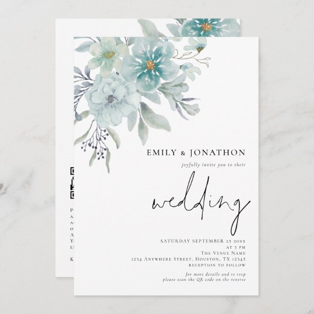 Elegant Teal Sea Mist Florals QR Code Wedding Invitation (Front/Back)
