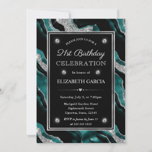 Elegant Teal & Silver Glitter Agate 21st Birthday Invitation