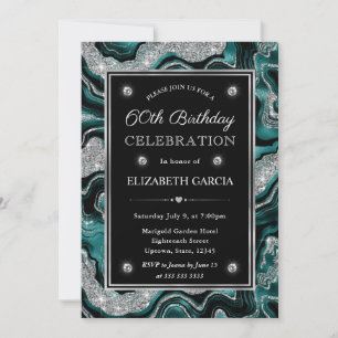 Elegant teal  & Silver Glitter Agate 60th Birthday Invitation