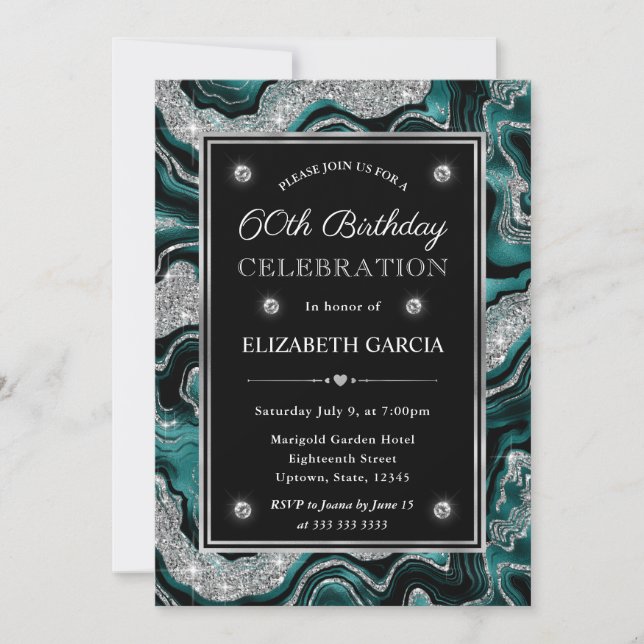 Elegant teal  & Silver Glitter Agate 60th Birthday Invitation (Front)