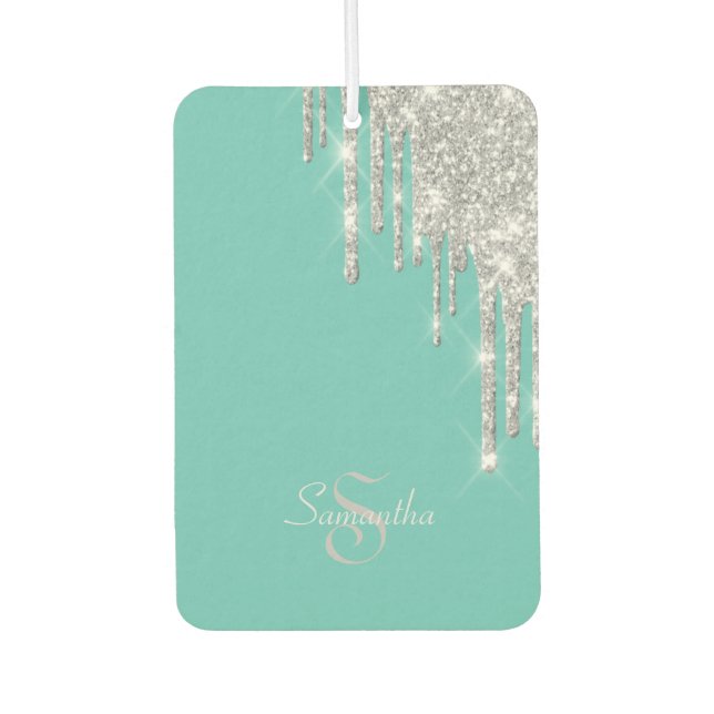 Elegant Teal, Silver Glitter Drips Car Air Freshener (Front)
