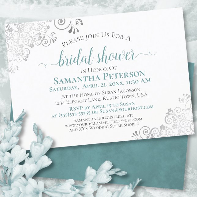 Elegant Teal & Silver Lace White Bridal Shower Invitation (Creator Uploaded)