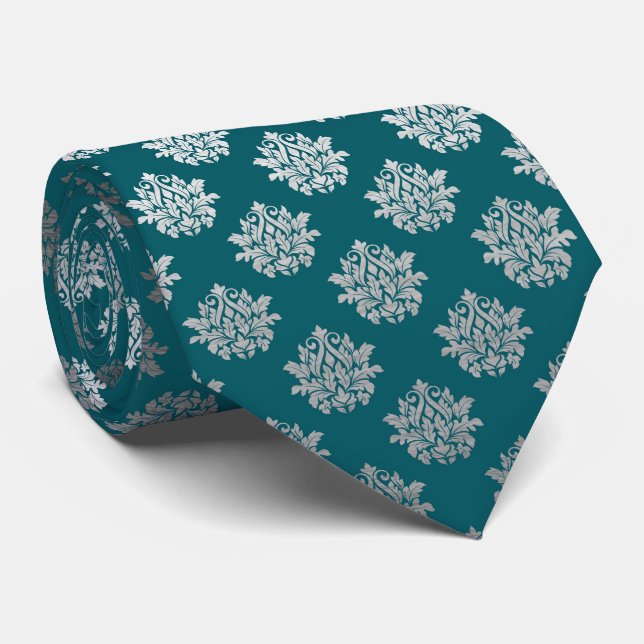 elegant teal silver pattern tie (Rolled)