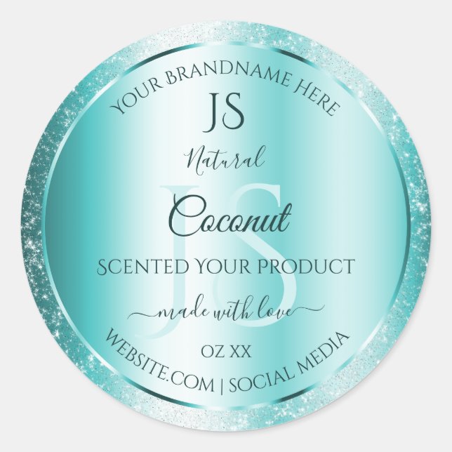 Elegant Teal Soft Glitter Product Labels Monogram (Front)