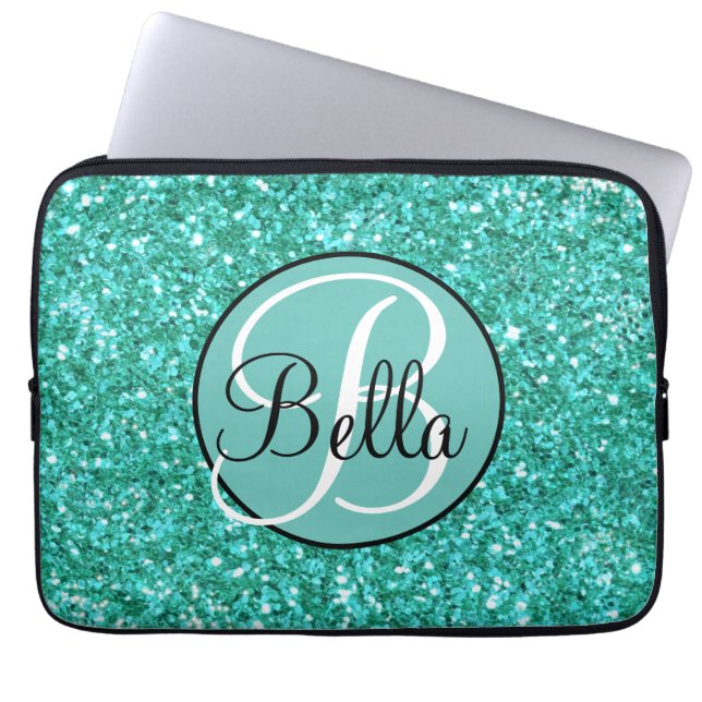 Elegant Teal sparkling glitter pattern monogram Laptop Sleeve (Front)