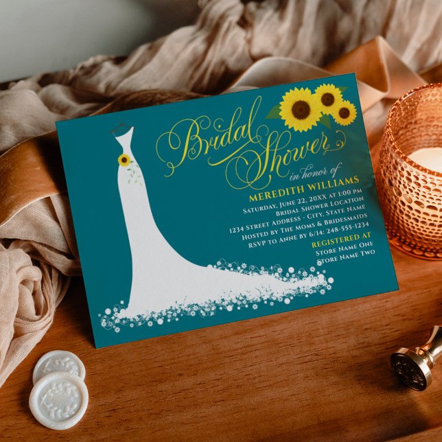 Elegant Teal Sunflower Wedding Gown Bridal Shower Invitation (Creator Uploaded)