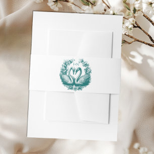 Elegant Teal Swan Lake Wedding Monogram Invitation Belly Band