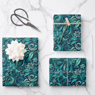 Elegant teal swirl leaf pattern wrapping paper sheet