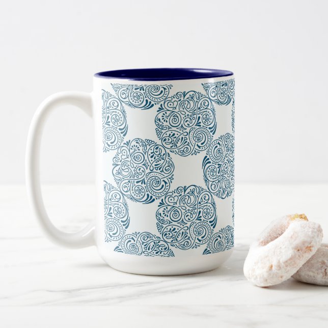 Elegant Teal Swirl Pattern Two-Tone Coffee Mug (With Donut)