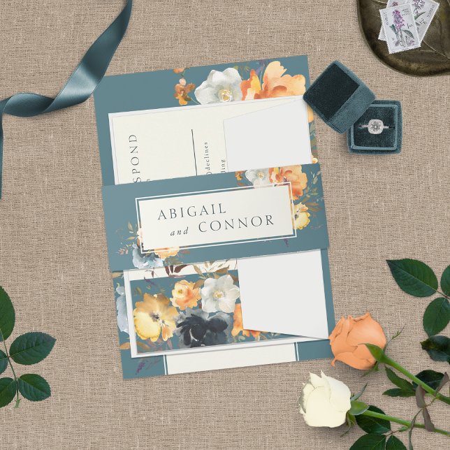 Elegant Teal Terracotta Navy Boho Floral Invitation Belly Band (Creator Uploaded)