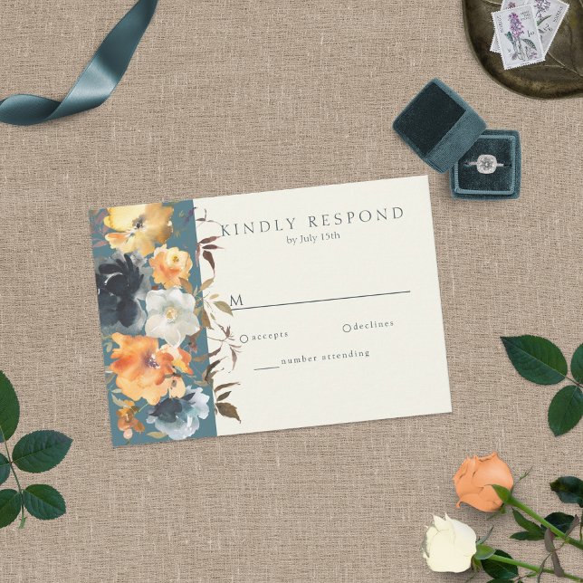 Elegant Teal Terracotta Navy Boho Floral RSVP Card (Creator Uploaded)