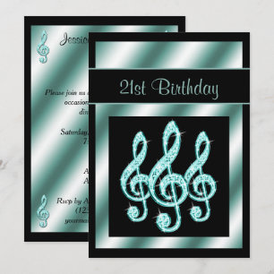 Elegant, Teal Treble Clefs 21st Birthday Invitation