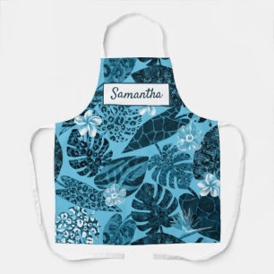 Elegant teal tropical leaves flowers custom name  apron