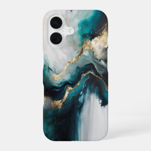 Elegant Teal Turquoise & Gold Marble Stone iPhone 16 Case