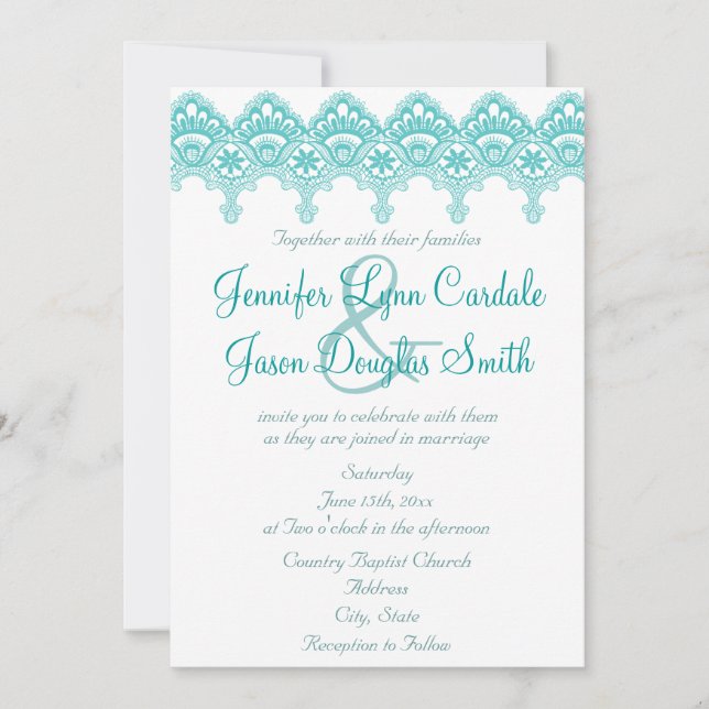 Elegant Teal Turquoise Lace Wedding Invitations (Front)