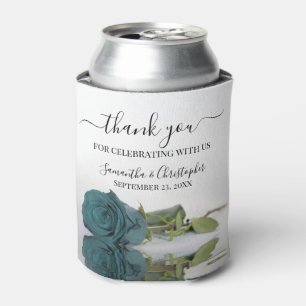 Elegant Teal Turquoise Rose Wedding Thank You Can Cooler