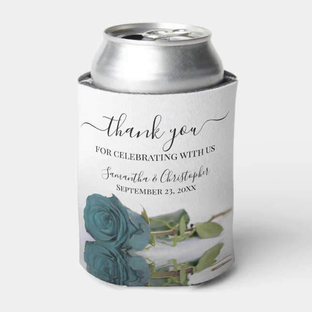 Elegant Teal Turquoise Rose Wedding Thank You Can Cooler (Can Front)