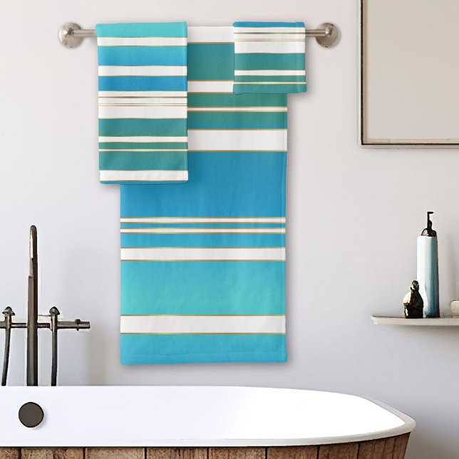 Elegant Teal Turquoise Striped Pattern Bath Towel Set (A striped bathroom towel set in a variety of teal and turquoise with white and tiny gold lines)