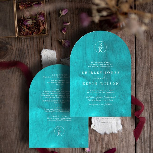 Elegant Teal Turquoise Watercolor Arch Wedding Invitation (Creator Uploaded)