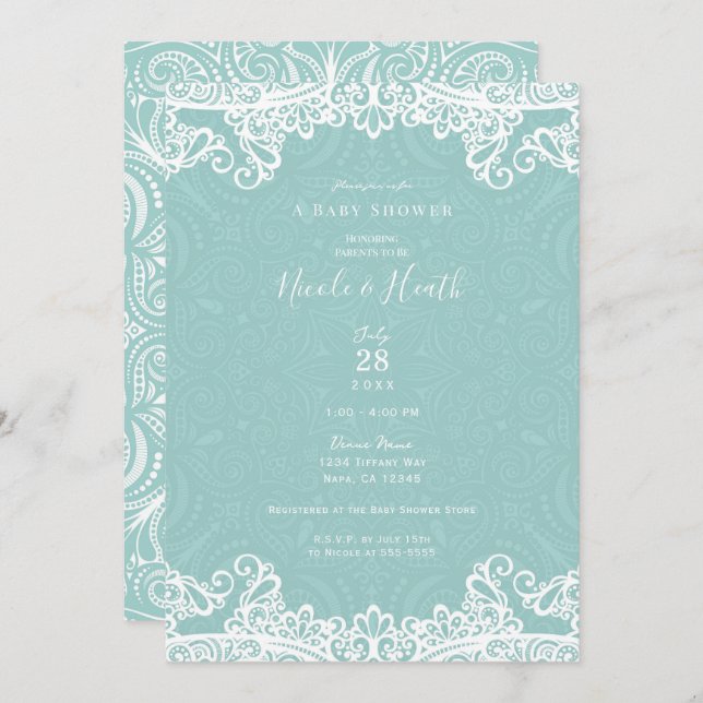 Elegant Teal Turquoise White Lace Baby Shower   Invitation (Front/Back)
