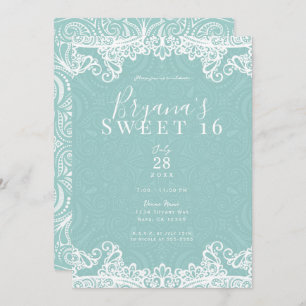 Elegant Teal Turquoise White Lace Sweet 16 Party  Invitation