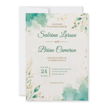 Elegant Teal Watercolor Botanical Gold Wedding