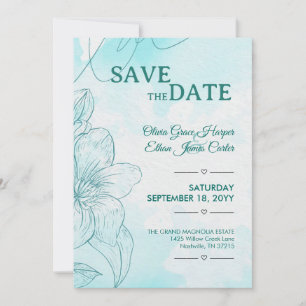 Elegant Teal Watercolor Floral Design Save The Date