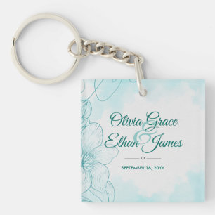 Elegant Teal Watercolor Floral Wedding Invitation Key Ring