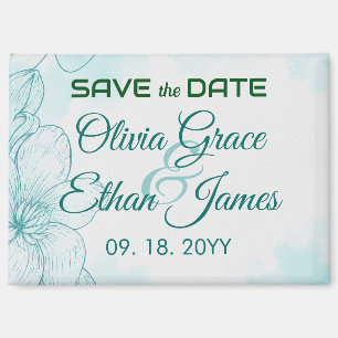 Elegant Teal Watercolor Floral Wedding Invitation Magnet