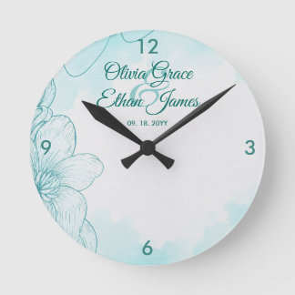 Elegant Teal Watercolor Floral Wedding Invitation  Round Clock
