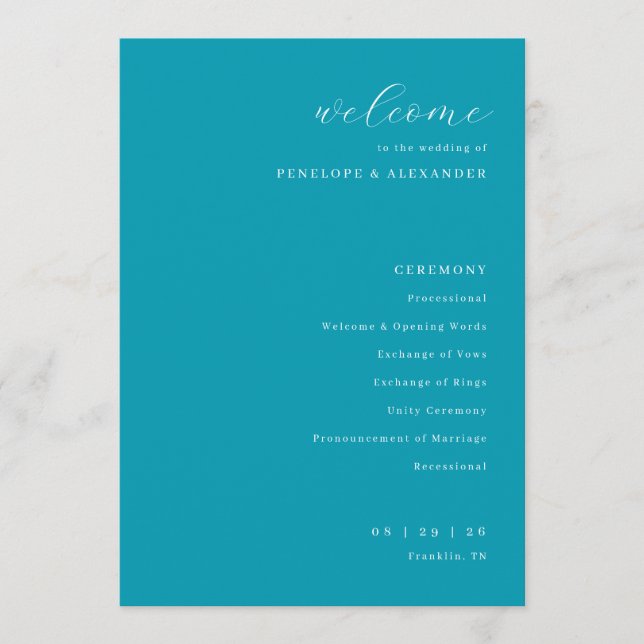 Elegant Teal Wedding Ceremony Program Programme (Front)