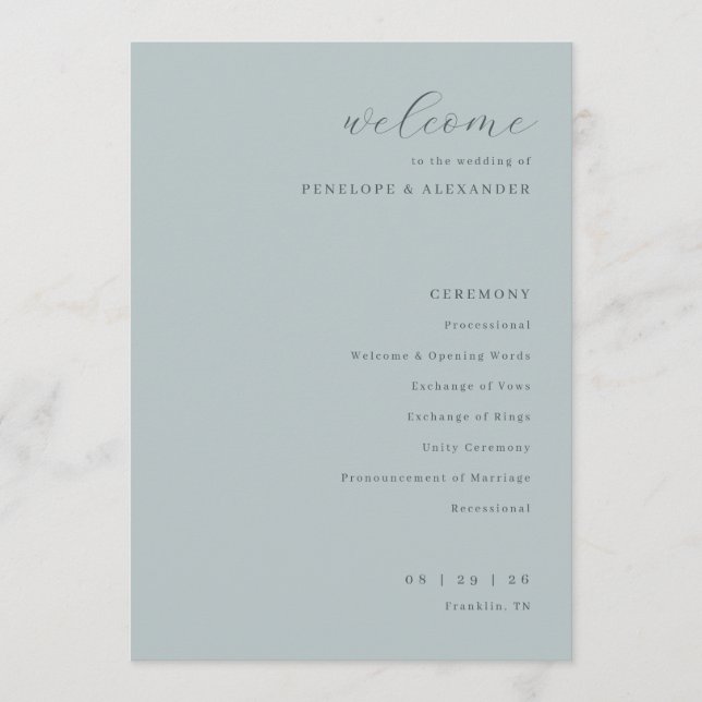 Elegant Teal Wedding Ceremony Program Programme (Front)
