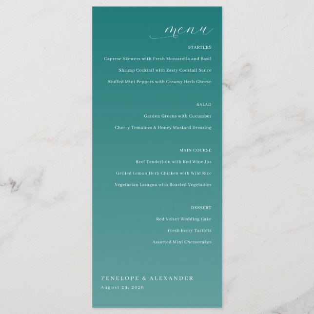 Elegant Teal Wedding Menu (Front)