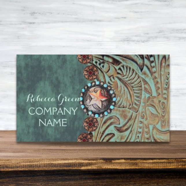 elegant teal western country tooled leather business card (elegant teal western country tooled leather business card)