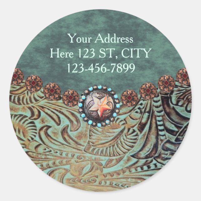 elegant teal western country tooled leather classic round sticker (Front)