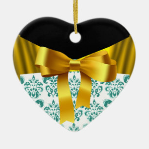 ELEGANT TEAL WHITE DAMASK GOLD RIBBON MONOGRAM CERAMIC TREE DECORATION