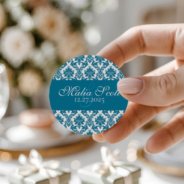 Elegant Teal White Damask Wedding Favour Classic Round Sticker (Creator Uploaded)