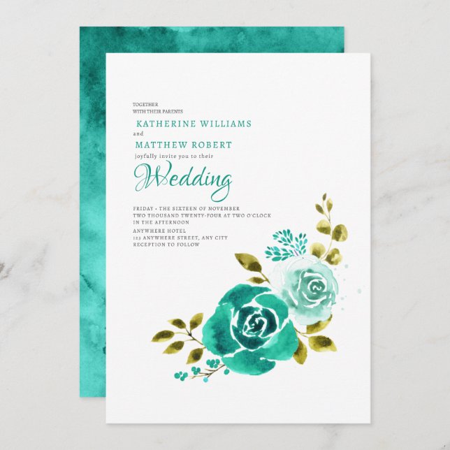 Elegant Teal White  Floral Wedding  Invitation (Front/Back)