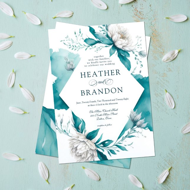 Elegant Teal White Watercolor Floral Peony Wedding Invitation (Creator Uploaded)