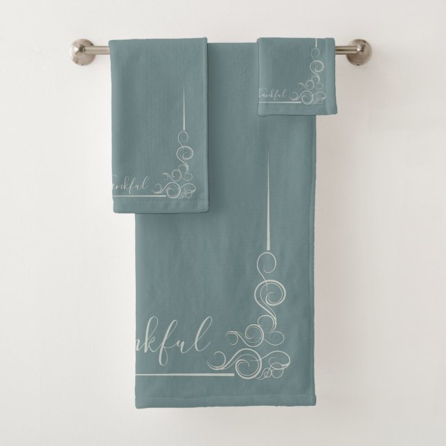 Elegant Teal with Grey Cashmere Thankful Bath Towel Set (Insitu)