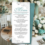 Elegant Teal with Silver Swirls on White Wedding Menu<br><div class="desc">This beautiful menu will add some style to your wedding reception. It features a beautiful design with ornate silver grey faux foil curls and swirls on a classic white background, with teal or turquoise coloured text and a marbled back. There is space for the names of the couple and wedding...</div>
