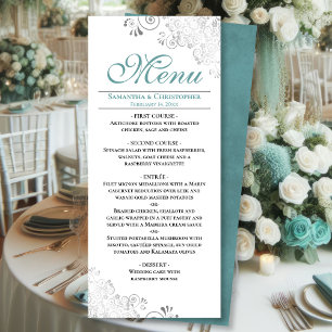 Elegant Teal with Silver Swirls on White Wedding Menu