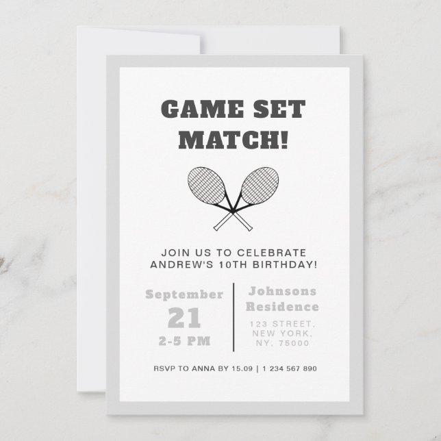 Elegant Tennis Theme Kids Boys Birthday Party Grey Invitation (Front)