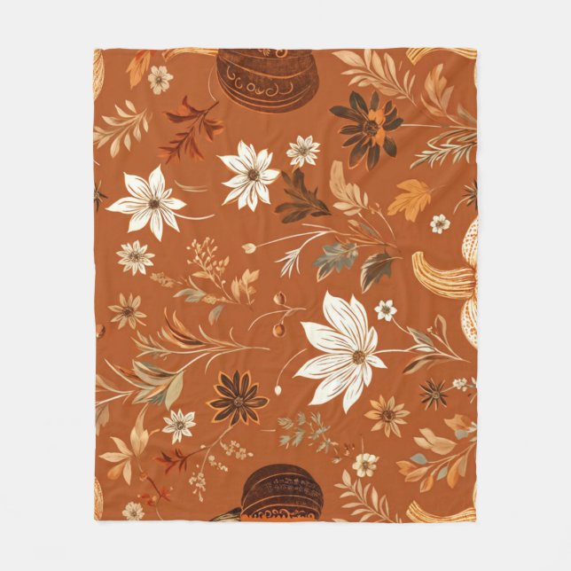Elegant Terra Cota Pumpkin Autumn Floral Pattern  Fleece Blanket (Front)
