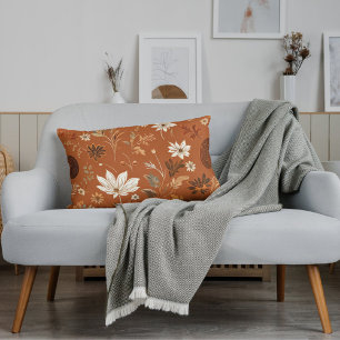 Elegant Terra Cota Pumpkin Autumn Floral Pattern Lumbar Cushion