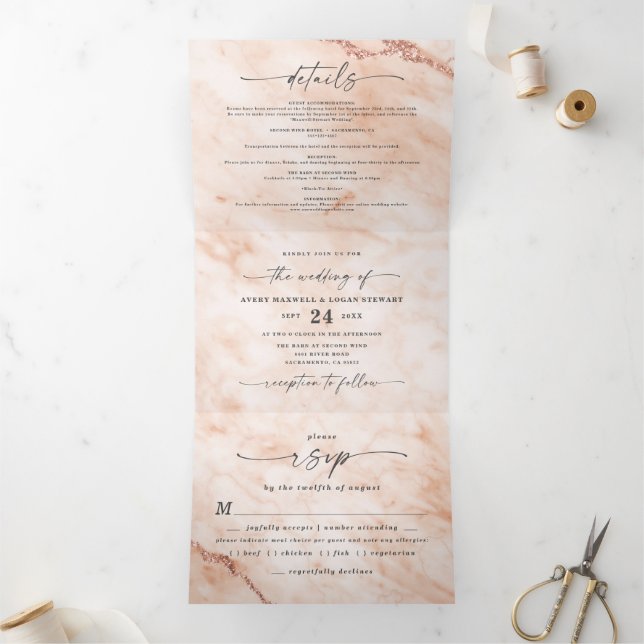 Elegant Terra Cotta Orange Metallic Marble Wedding Tri-Fold Invitation (Inside)